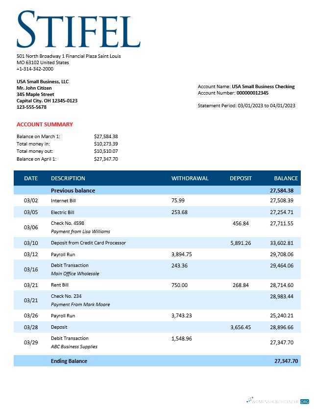 Download Stifel Financial Bank firm statement Word and PDF template Photoshop template